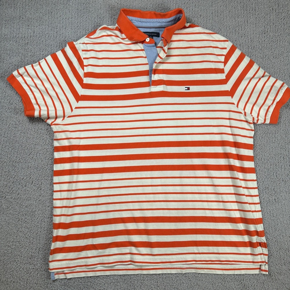 Tommy Hilfiger Polo Shirt Men's 2XLT Big & Tall Orange White Stripe Short Sleeve